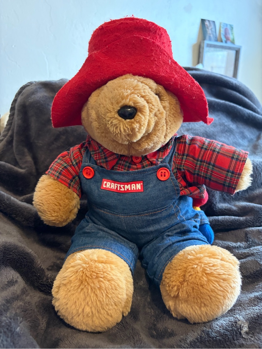 Craftsman paddington Bear Plush with Red Hat and Plaid Shirt